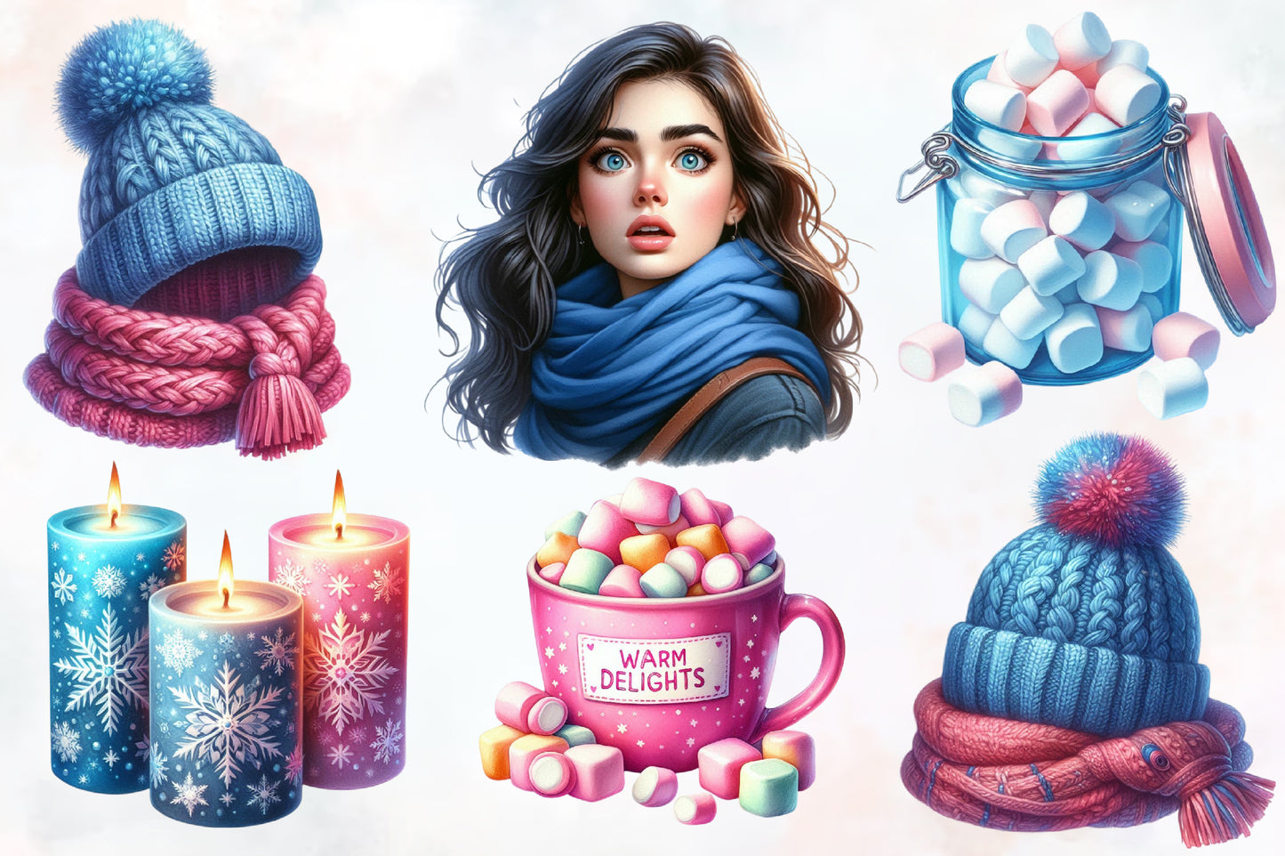Pink & Blue Christmas Clipart PNG Bundle | Cute Pastel Santa, Ornaments, Gifts & Holiday Designs | 20 PNG