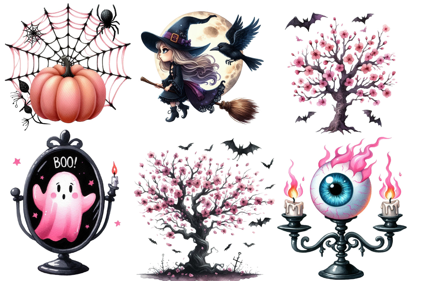 Pastel Goth Halloween Clipart PNG Bundle | Gothic Halloween Watercolor Clipart | Pink Halloween Sublimation PNG
