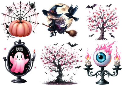 Pastel Goth Halloween Clipart PNG Bundle | Gothic Halloween Watercolor Clipart | Pink Halloween Sublimation PNG