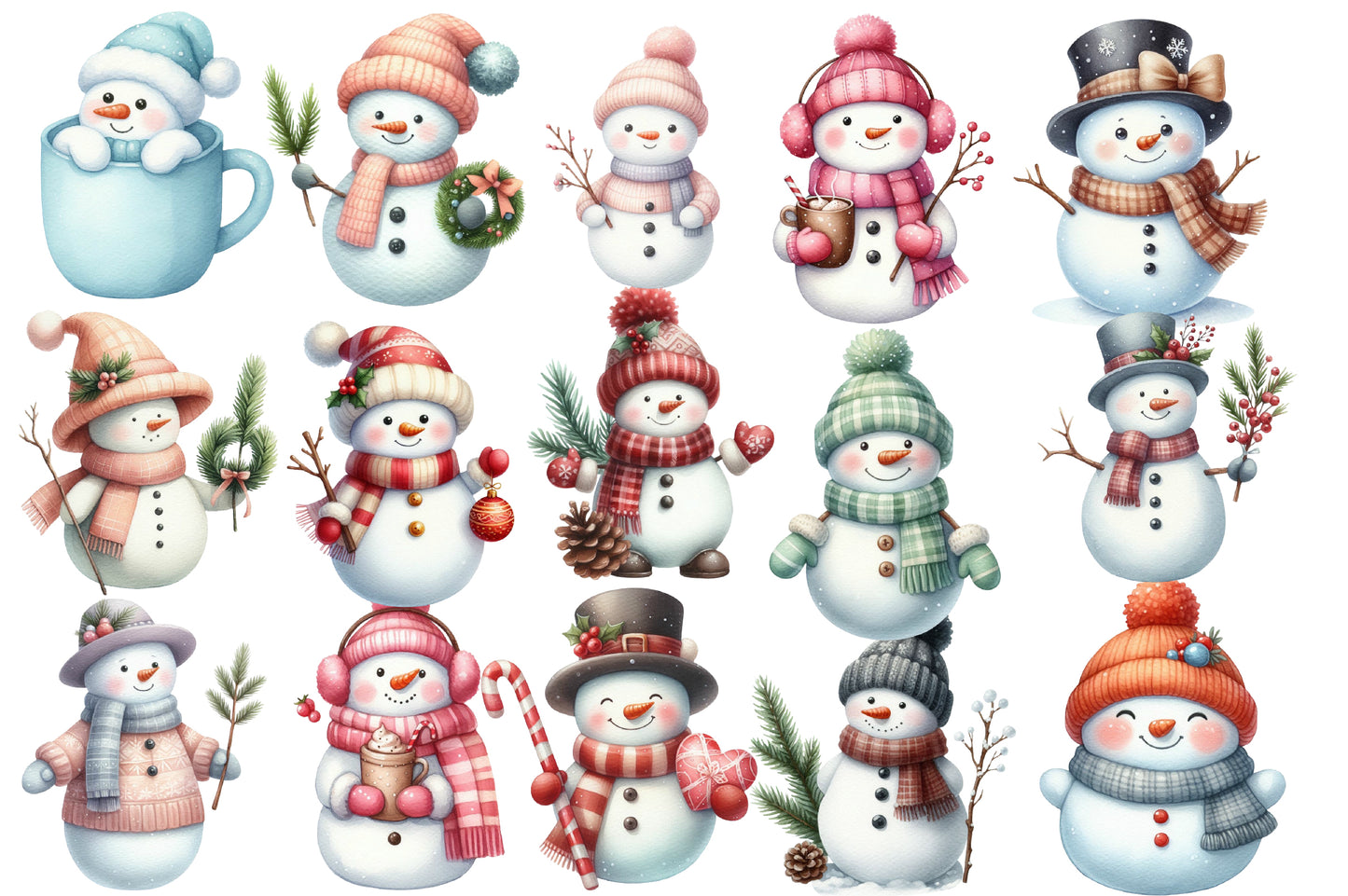 Adorable Snowman Clipart PNG Bundle | Cute Watercolor Christmas Snowman Clipart | Festive Winter Snowman PNG