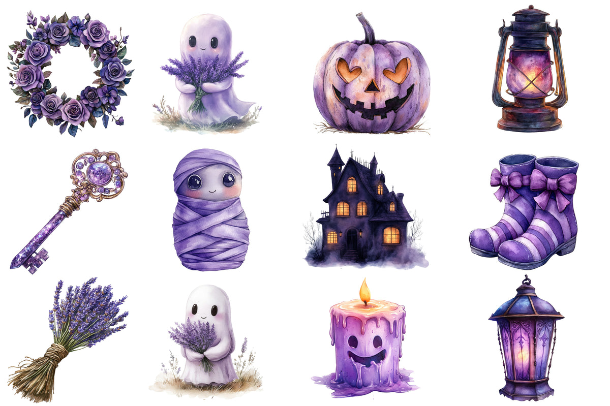 Lavender Halloween Clipart PNG Bundle | Purple Halloween Watercolor | Cute Spooky Sublimation
