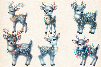 23 Christmas Blue Reindeer PNG Bundle Watercolor Winter Deer Clipart