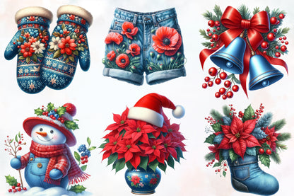 Christmas Blue Jeans PNG Clipart Bundle | Watercolor Denim Christmas, Poinsettia Jeans, Boots, Bells & Holiday Designs