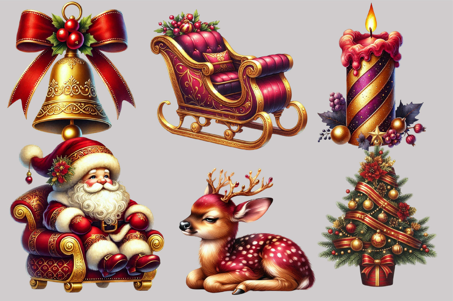Burgundy and Gold Christmas Clipart PNG Bundle | Santa, Ornaments, Gifts, Deer & Elegant Holiday Designs