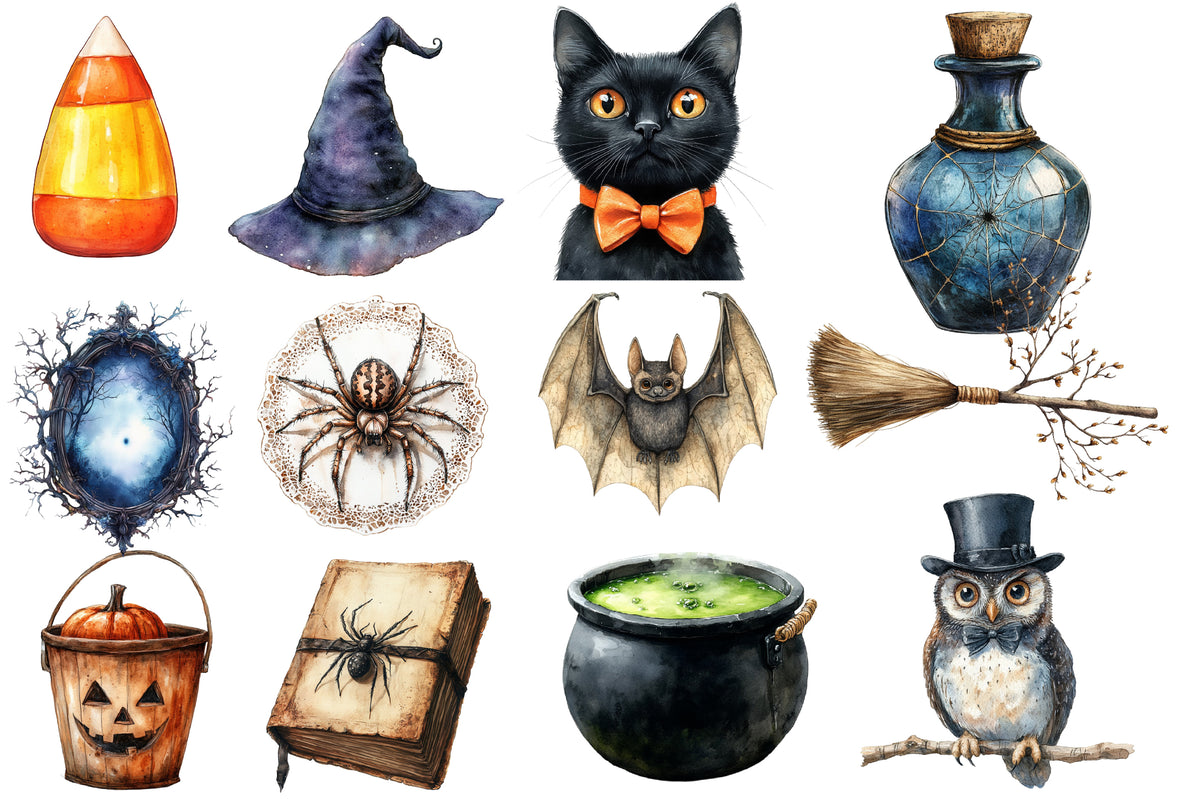 Vintage Halloween Clipart PNG Bundle | Retro Pumpkin, Witch, Ghost, Black Cat, Bat & Haunted House | Spooky Sublimation