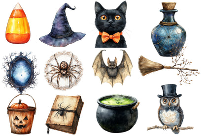 Vintage Halloween Clipart PNG Bundle | Retro Pumpkin, Witch, Ghost, Black Cat, Bat & Haunted House | Spooky Sublimation