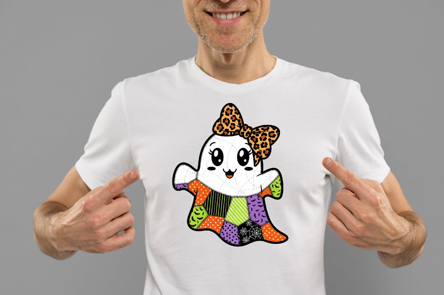 Cute Patchwork Halloween Ghost Leopard Bow PNG