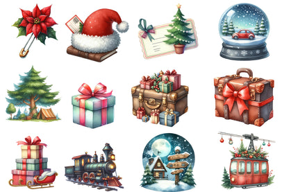 Christmas Travel Clipart PNG Bundle | Watercolor Christmas Travel Clipart | Festive Holiday Vacation Sublimation PNG