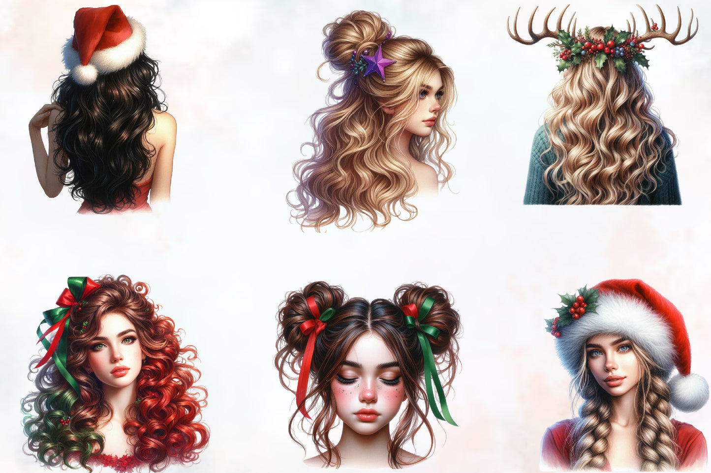 23 Christmas Girl Hairstyle PNG Clipart Bundle Watercolor Holiday Hair Design