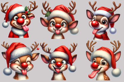 Watercolor Funny Reindeer Clipart PNG Bundle | Cute Christmas Reindeer, Rudolph & Holiday Characters