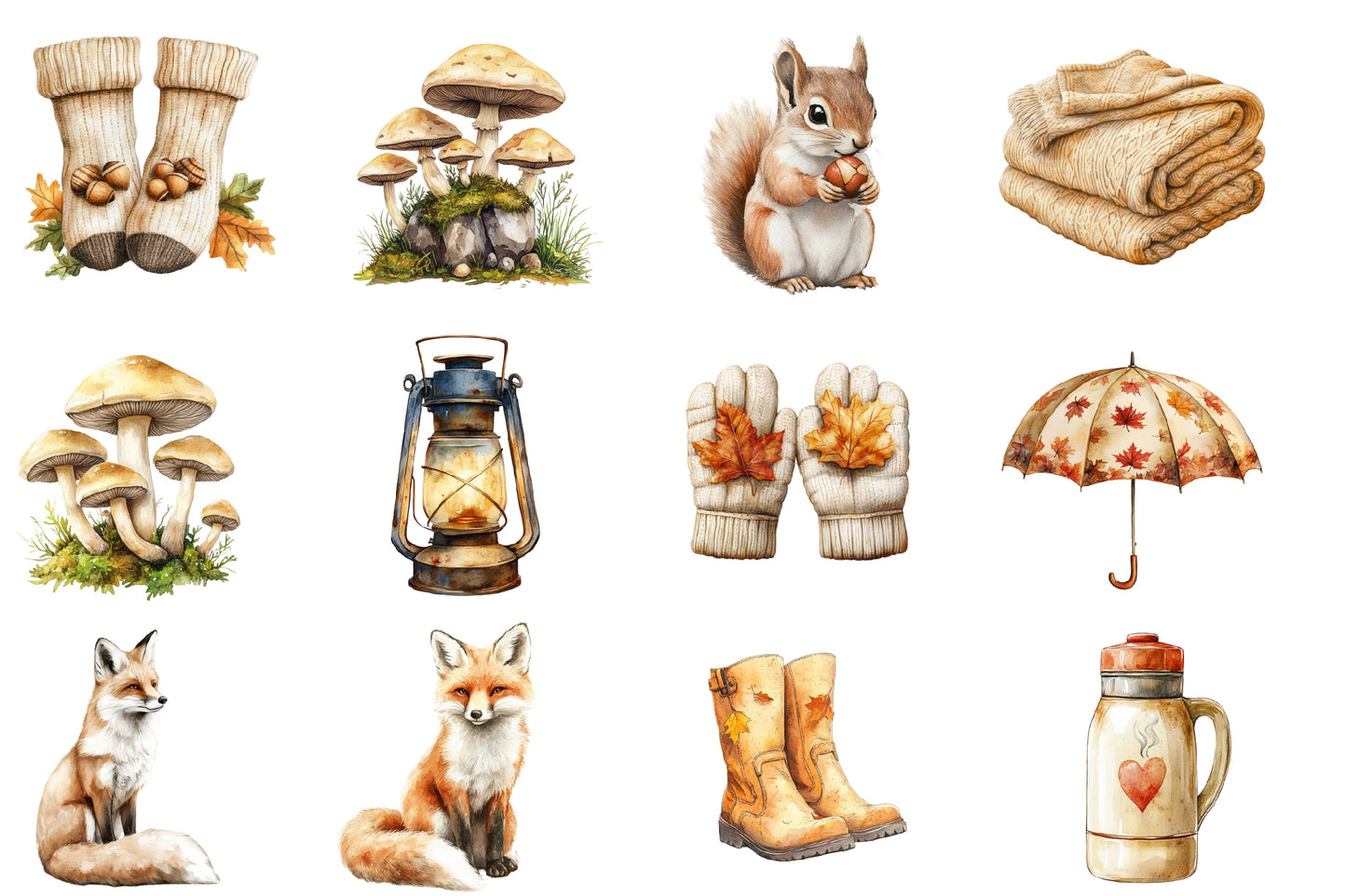 Beige Autumn Clipart PNG Bundle | Neutral Watercolor Fall Botanical Clipart | Cozy Boho Harvest PNG