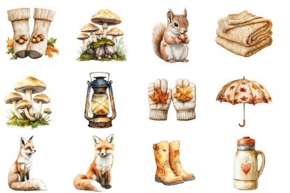 Beige Autumn Clipart PNG Bundle | Neutral Watercolor Fall Botanical Clipart | Cozy Boho Harvest PNG