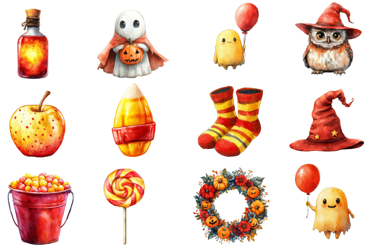 Watercolor Halloween Sublimation Clipart PNG Bundle | Spooky Pumpkin, Ghost, Witch, Bat & Cat Designs PNG