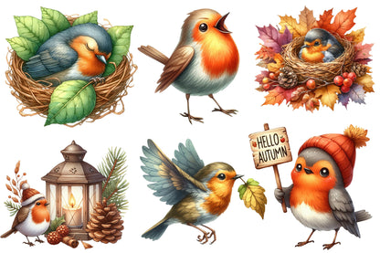 Autumn Robin Clipart PNG Bundle | Watercolor Fall Robin Bird Clipart | Cozy Woodland Robin PNG