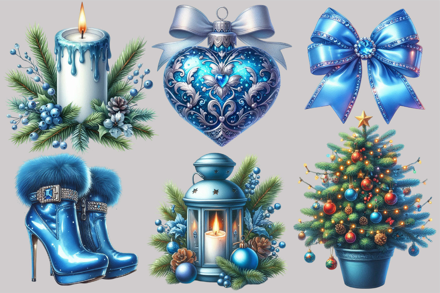 Blue Christmas Clipart PNG Bundle | Blue Snowman, Ornaments, Boots, Cupcake, Gifts & Winter Holiday Designs