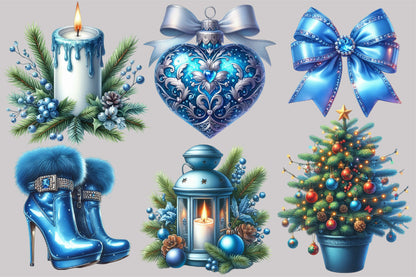 Blue Christmas Clipart PNG Bundle | Blue Snowman, Ornaments, Boots, Cupcake, Gifts & Winter Holiday Designs