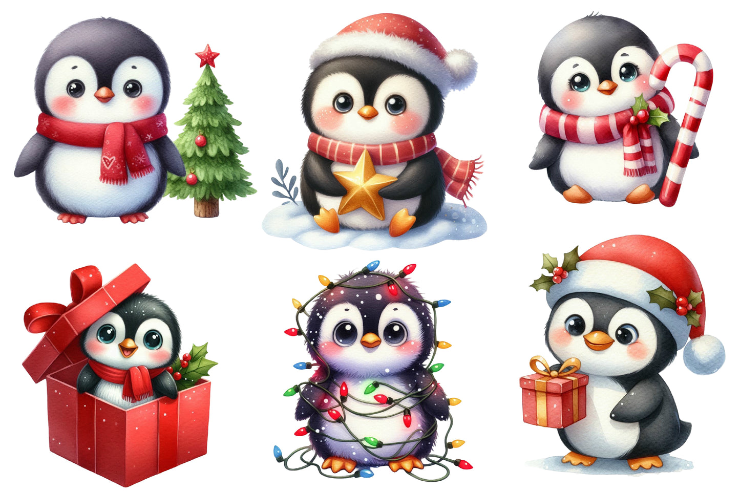 Christmas Funny Penguin Clipart PNG Bundle | Watercolor Cute Funny Christmas Penguin Clipart | Holiday Penguin Sublimation PNG