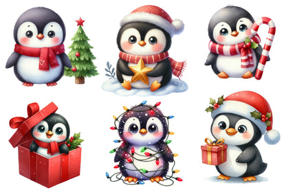 Christmas Funny Penguin Clipart PNG Bundle | Watercolor Cute Funny Christmas Penguin Clipart | Holiday Penguin Sublimation PNG