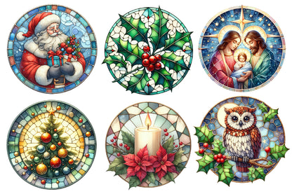 Christmas Round Stained Glass Clipart PNG Bundle | Watercolor Round Christmas Stained Glass Designs | Holiday Sublimation PNG