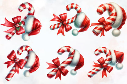 Watercolor Christmas Candy Cane Clipart PNG Bundle | Santa Hat Candy Cane & Red Bow | Christmas Sublimation