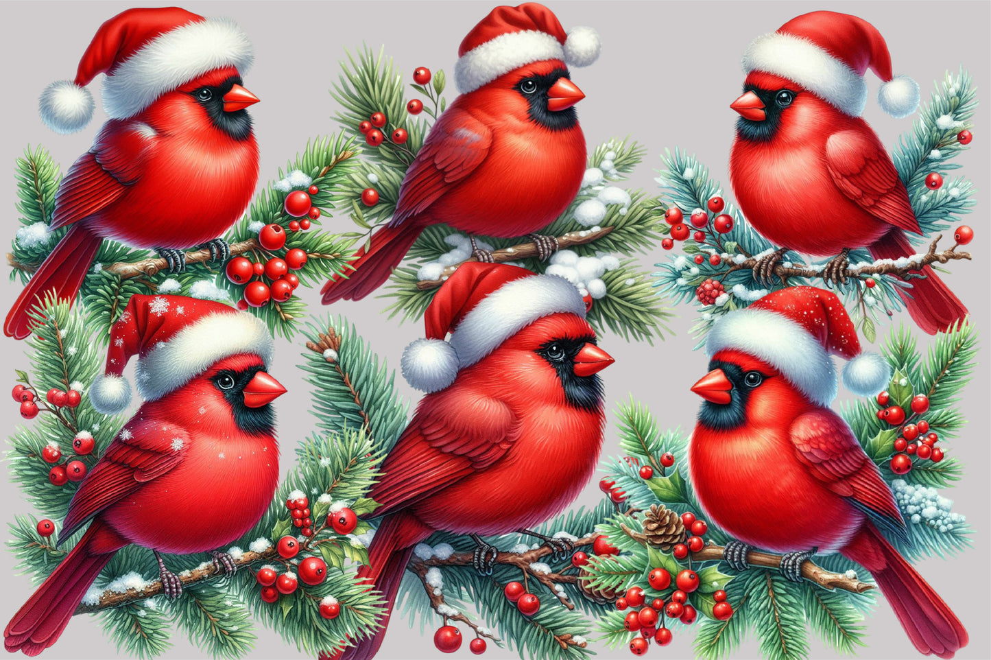 Watercolor Christmas Red Cardinal Bird Clipart PNG Bundle | Holiday Cardinal Bird
