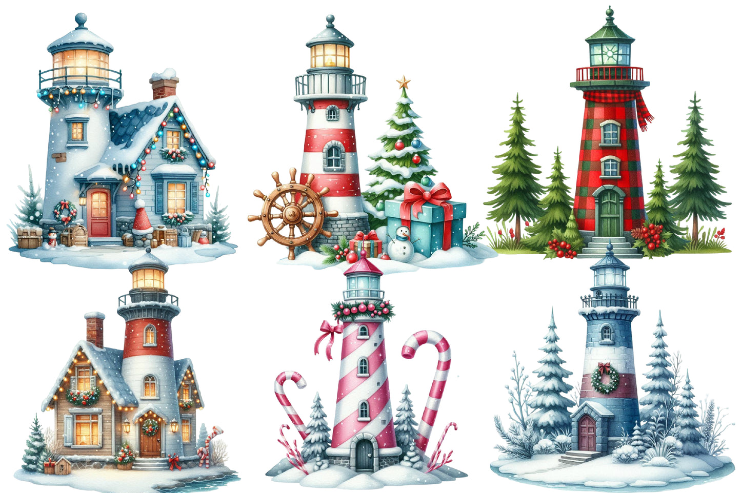 Christmas Lighthouse Clipart PNG Bundle | Watercolor Coastal Christmas Lighthouse Clipart | Nautical Holiday Sublimation PNG