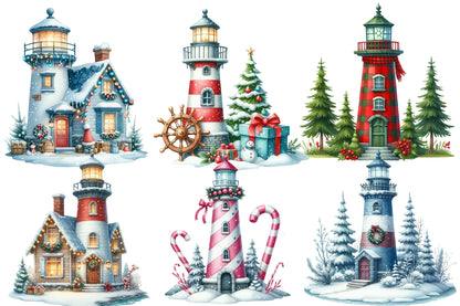 Christmas Lighthouse Clipart PNG Bundle | Watercolor Coastal Christmas Lighthouse Clipart | Nautical Holiday Sublimation PNG
