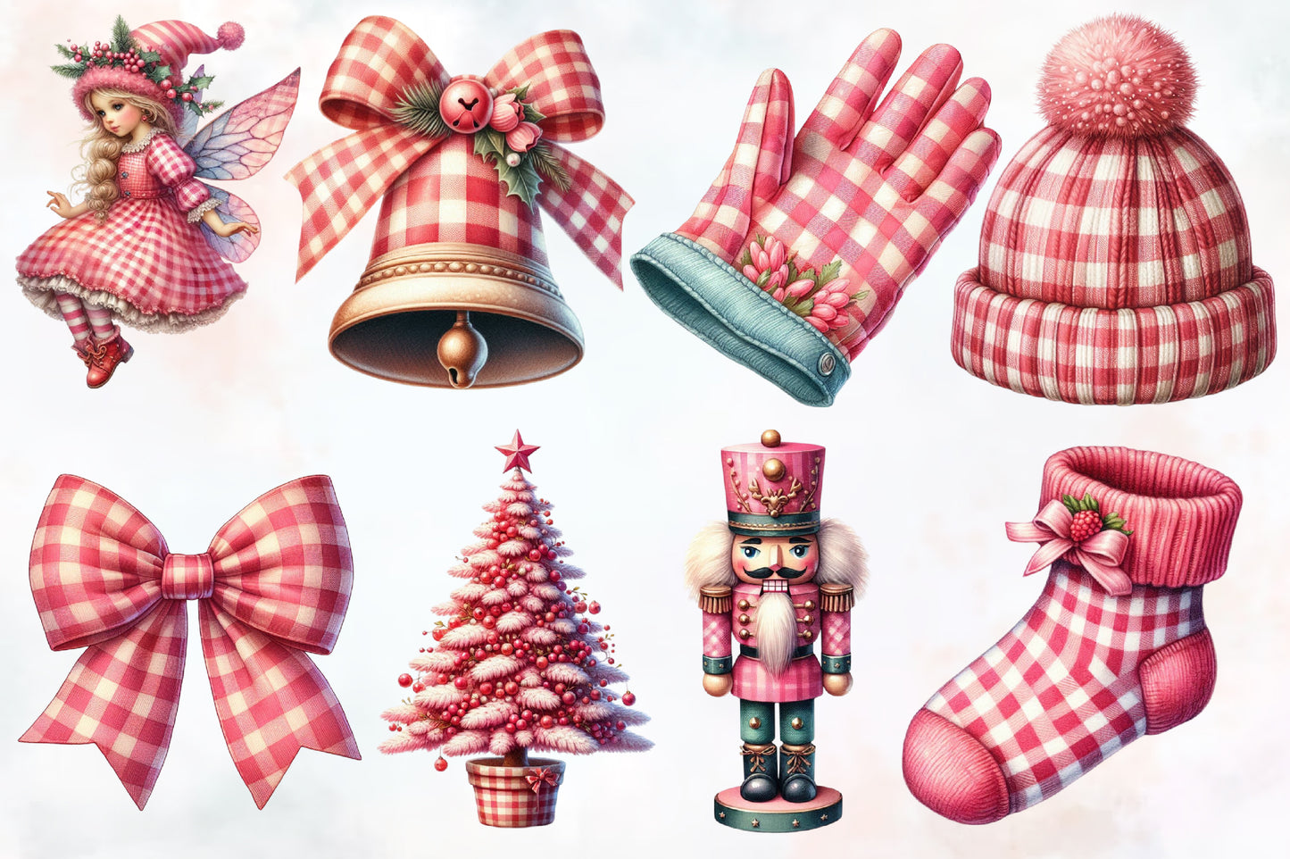 44 Watercolor Christmas Pink Gingham PNG Bundle Santa Deer Bow Clipart