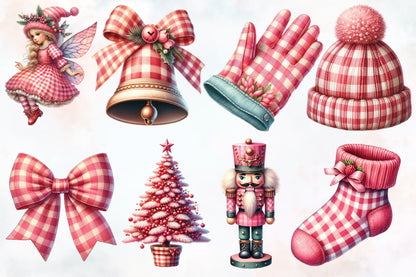 44 Watercolor Christmas Pink Gingham PNG Bundle Santa Deer Bow Clipart