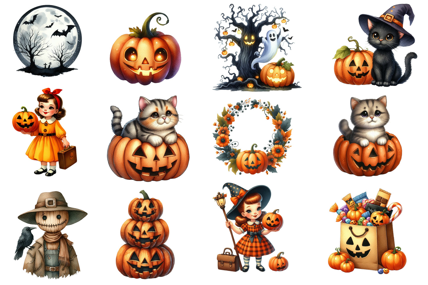 Vintage Halloween Clipart Bundle PNG | Retro Pumpkin, Witch, Ghost, Black Cat, Bat & Haunted House | Spooky Sublimation
