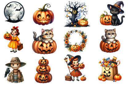 Vintage Halloween Clipart Bundle PNG | Retro Pumpkin, Witch, Ghost, Black Cat, Bat & Haunted House | Spooky Sublimation