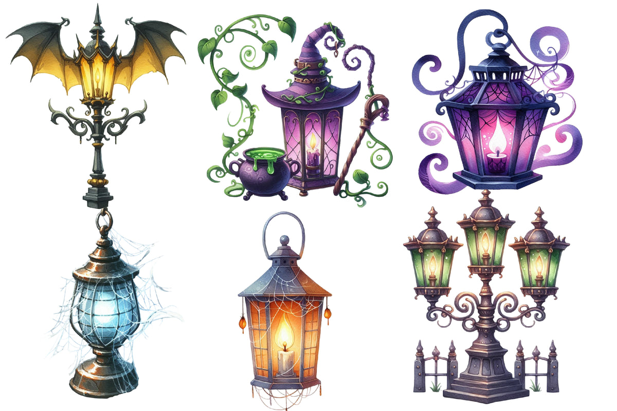 Halloween Streetlights Clipart PNG Bundle | 21 Gothic Lantern & Street Lamp Designs