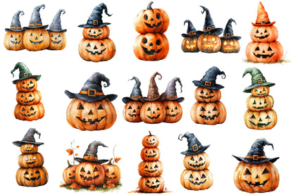 Halloween Pumpkin Clipart PNG | Witch Hat Jack O Lanterns, Halloween Pumpkin Stack Clipart