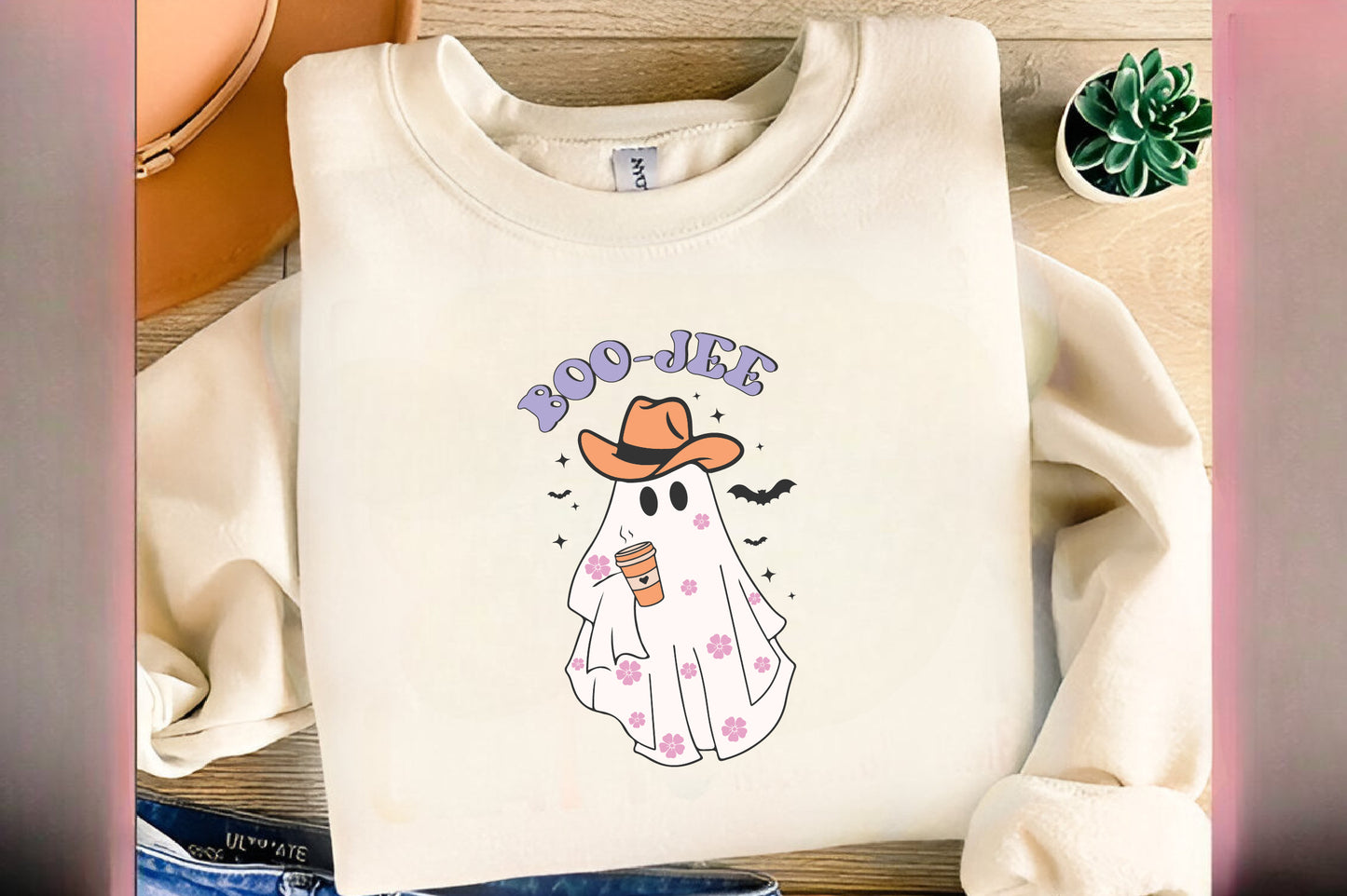 Boo-Jee Ghost PNG Halloween Pink Cowboy Ghost Coffee Western Clipart