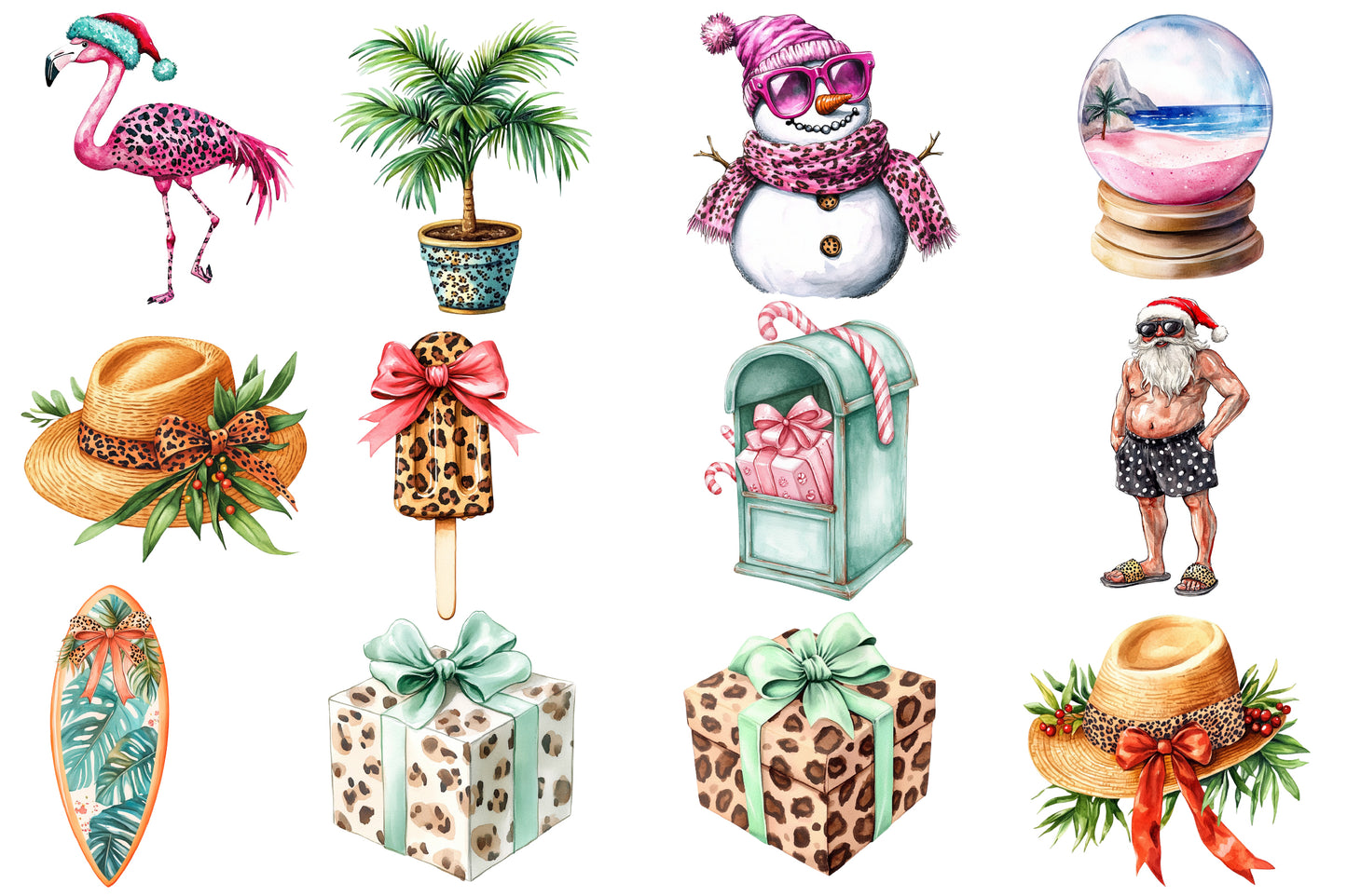 Christmas in July Watercolor Clipart PNG Bundle | Tropical Christmas Summer Holiday Clipart | Christmas Sublimation PNG