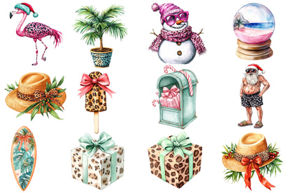 Christmas in July Watercolor Clipart PNG Bundle | Tropical Christmas Summer Holiday Clipart | Christmas Sublimation PNG