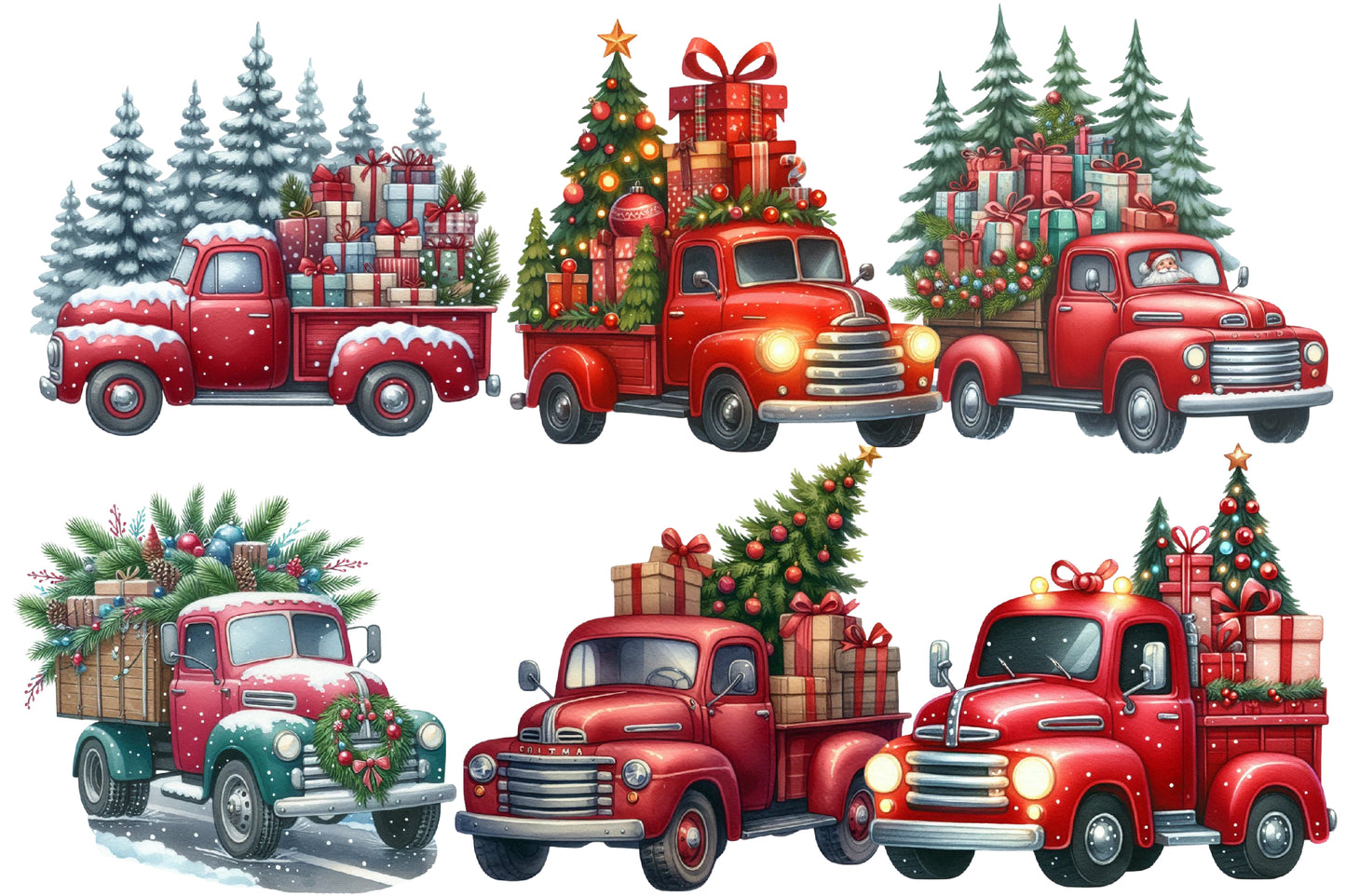 Christmas Truck Tree Clipart PNG Bundle | Watercolor Christmas Truck with Tree Clipart | Rustic Holiday Truck Sublimation PNG