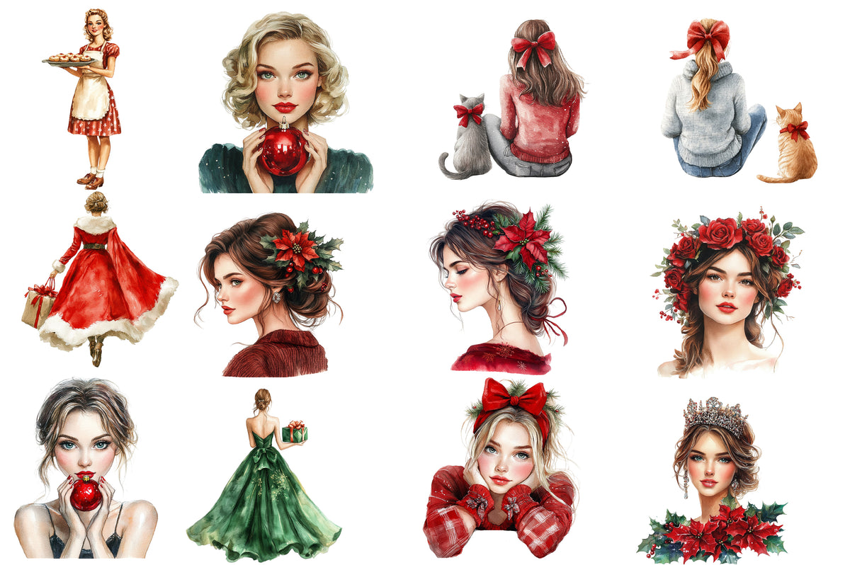 Coquette Christmas Clipart PNG Bundle | Christmas Girls, Red Roses, Poinsettias, Holly, Bows, Gifts & Glam Holiday Women