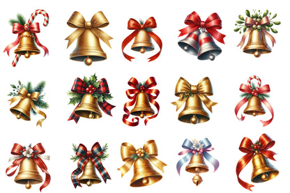 Christmas Bells & Ribbons Clipart Bundle PNG | Watercolor Festive Bells and Ribbon Clipart | Holiday Sublimation PNG