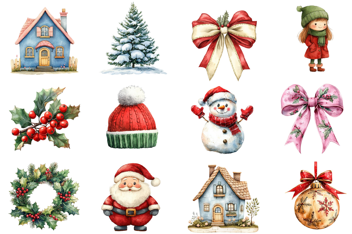 Merry Christmas Clipart PNG Bundle | Christmas Watercolor Clipart | Snowy Christmas Tree & Winter Holiday PNG