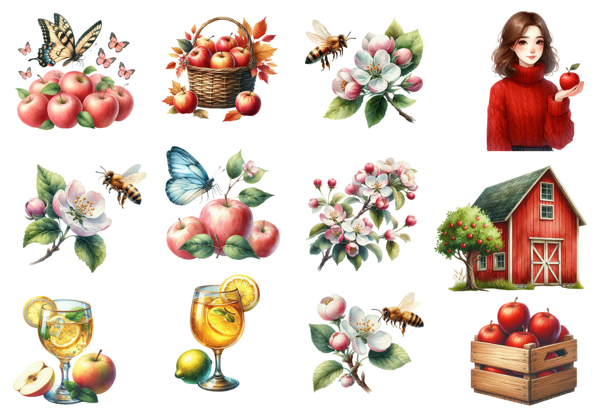 Fall Apples Watercolor Clipart PNG Bundle | Cute Apple Orchard Clipart | Autumn Sublimation