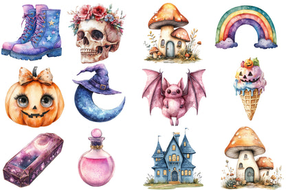 Pastel Halloween Clipart PNG Bundle | Cute Ghost, Pumpkin, Bat & Witch Clipart
