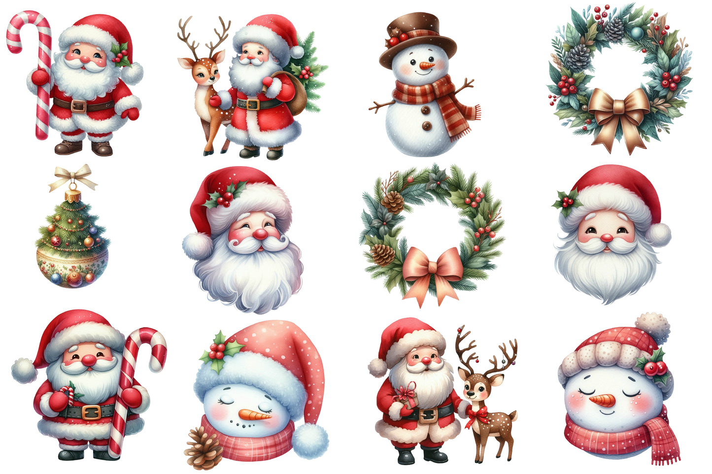 Cute Christmas Clipart PNG Bundle | Santa Claus, Snowman, Reindeer, Christmas Tree, Wreath, Gifts & Candy Cane Clipart