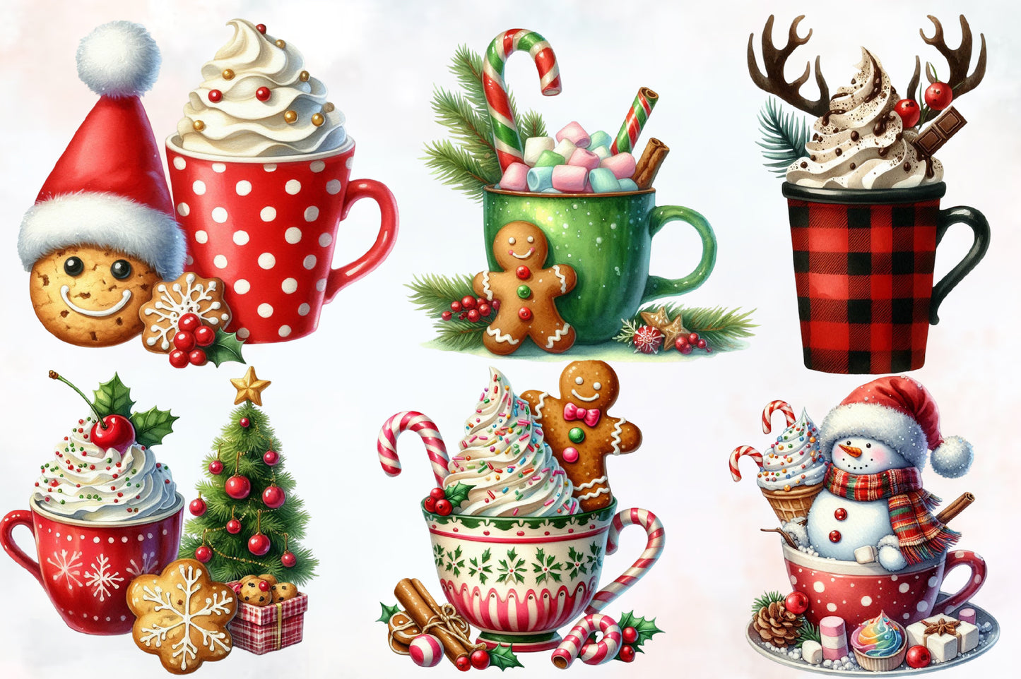 Watercolor Christmas Coffee Clipart PNG Bundle | Holiday Hot Cocoa, Coffee Cups, Gingerbread & Festive Drinks