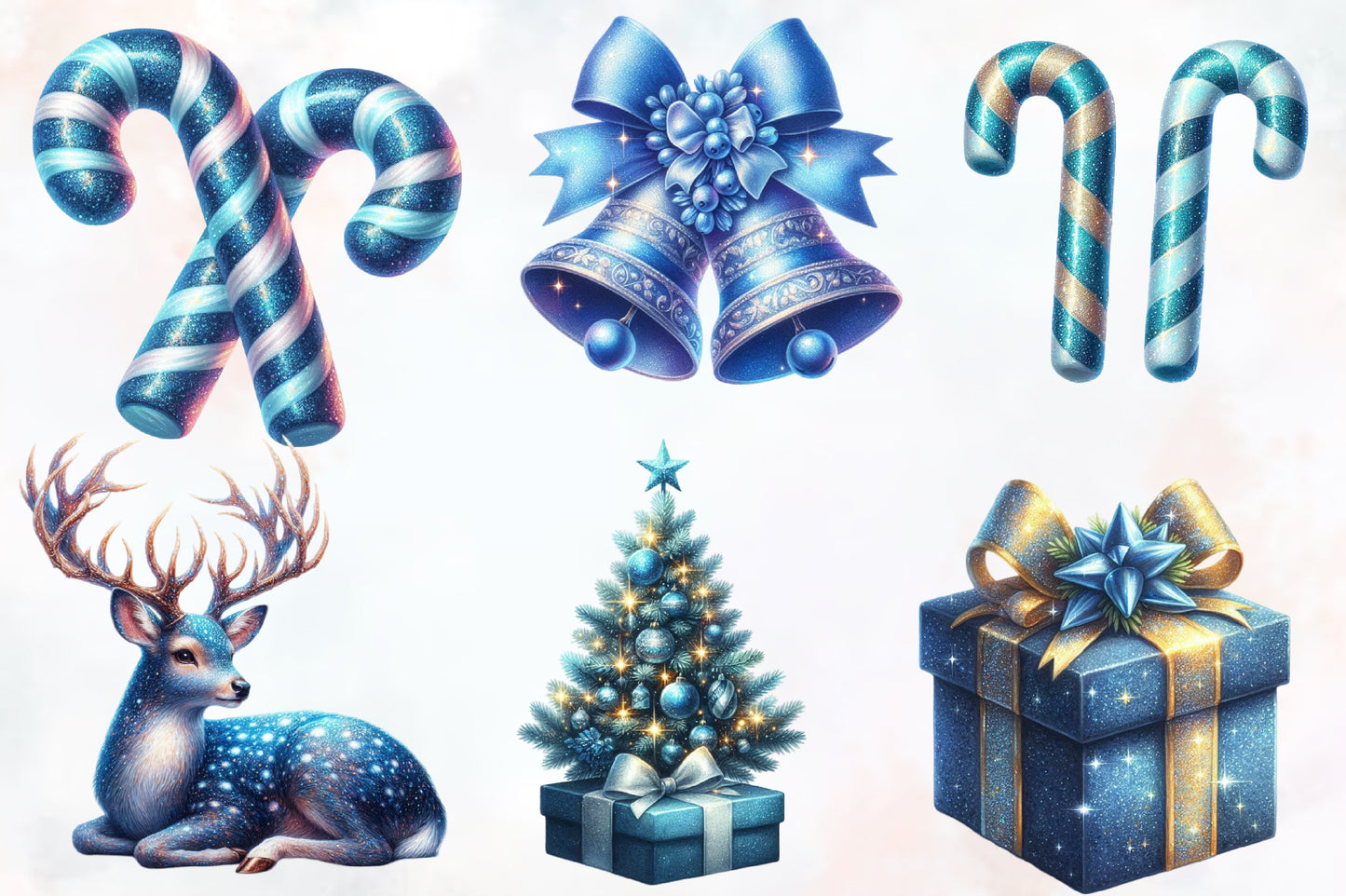 Glittery Christmas Clipart PNG Bundle | Sparkling Blue Christmas Bow, Sleigh, Ornaments, Gifts, Reindeer & Winter Designs