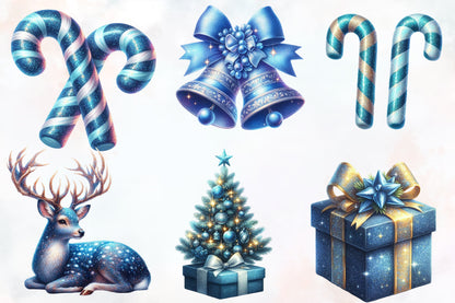 Glittery Christmas Clipart PNG Bundle | Sparkling Blue Christmas Bow, Sleigh, Ornaments, Gifts, Reindeer & Winter Designs