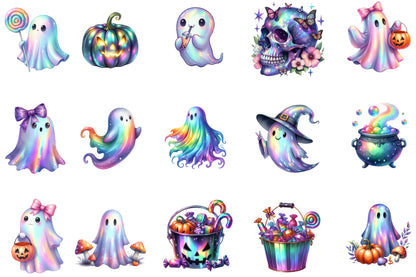 Iridescent Halloween Clipart PNG Bundle | Kawaii Ghost Clipart, Pastel Halloween PNG