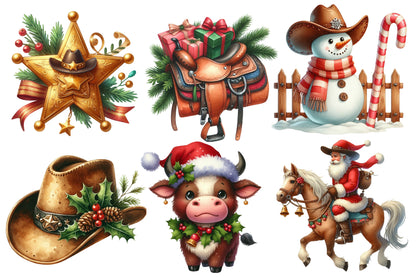 Christmas Western Clipart PNG Bundle | Rustic Cowboy Christmas Watercolor Clipart | Western Holiday Sublimation PNG
