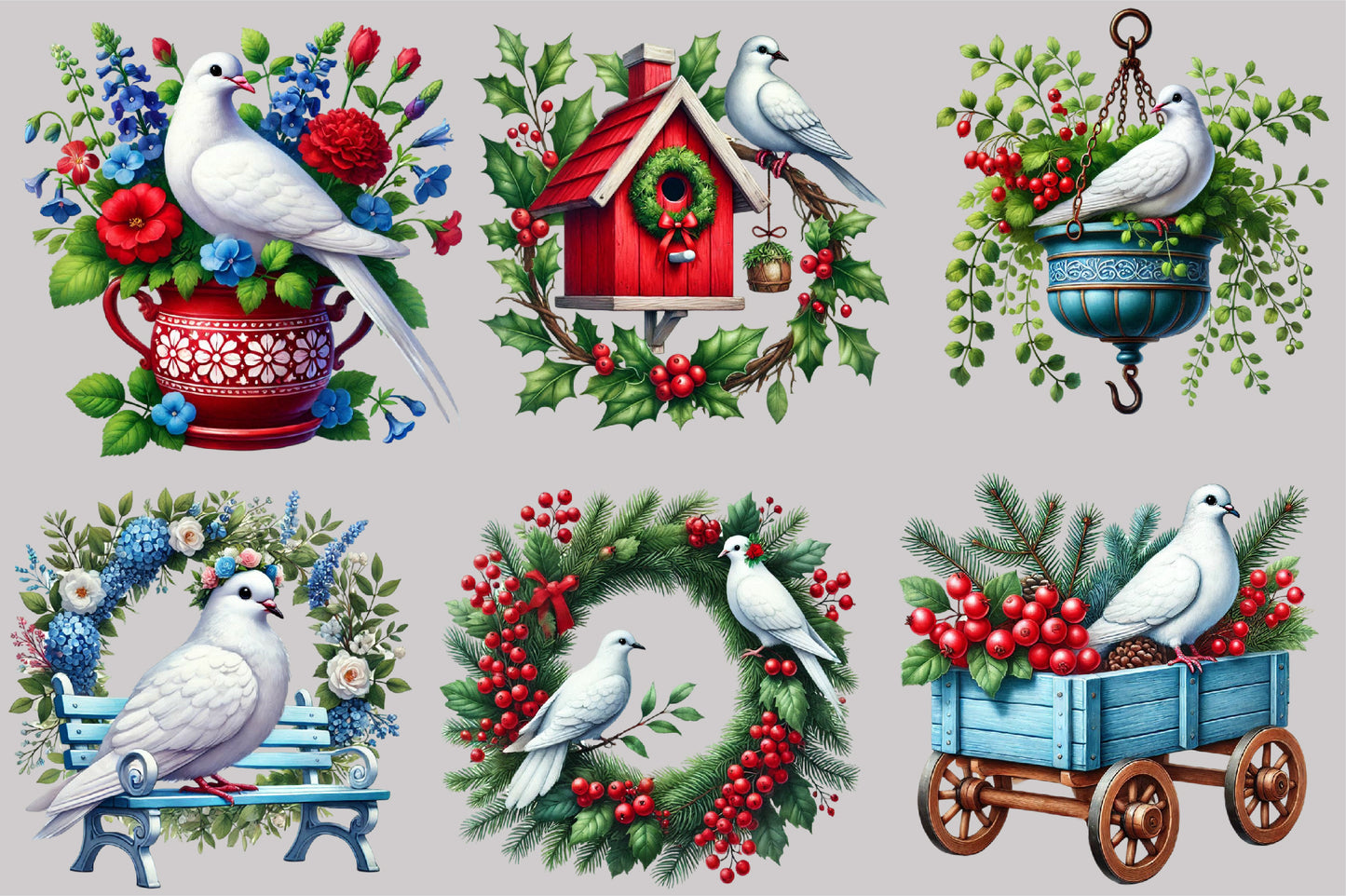Watercolor Christmas White Dove Clipart PNG Bundle | Peace Dove & Festive Holiday Floral Designs