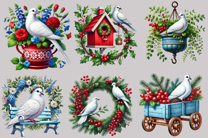 Watercolor Christmas White Dove Clipart PNG Bundle | Peace Dove & Festive Holiday Floral Designs